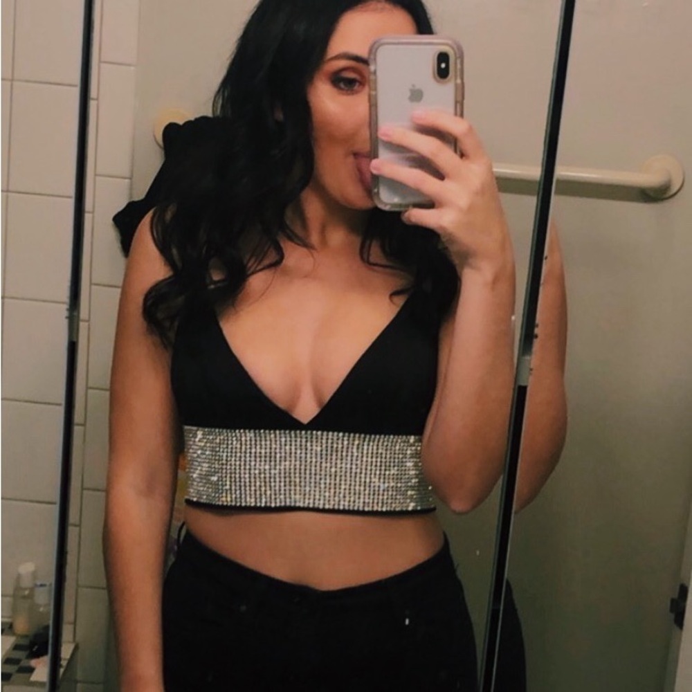 Black Rhinestone Embellished Crop Top